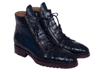 Blue Genuine Crocodile & Calfskin Side Zipper Boots