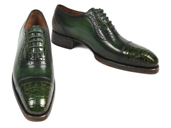 Green Genuine Crocodile & Calfskin Cap-Toe Oxfords