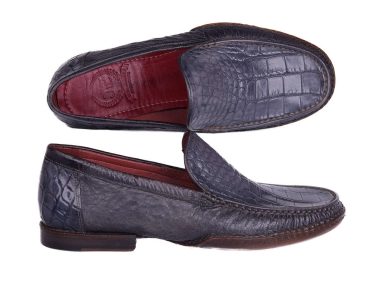 Hakiki Timsah & Devekuşu Derisi Lacivert Opanka Dikişli Mokasen Tarzı Ayakkabı