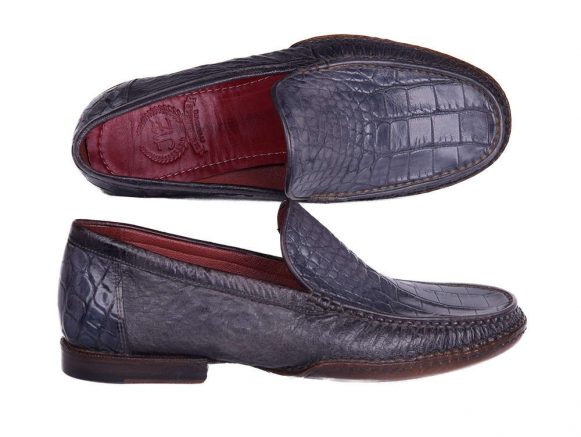 Navy Genuine Crocodile & Ostrich Opanka Stitched Moccasins