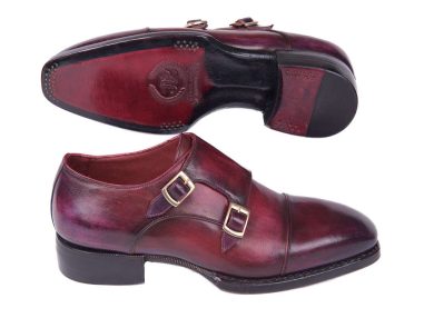 Hakiki Deri Bordo & Mor Hand Welted Çift Tokalı Klasik Ayakkabı
