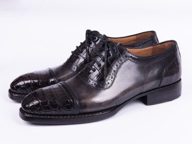 Hakiki Timsah ve Dana Derisi Duble Tabanlı Antrasit Siyah Oxford Ayakkabı