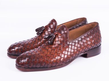 Woven Leather Handpainted Brown Tassel Loafers