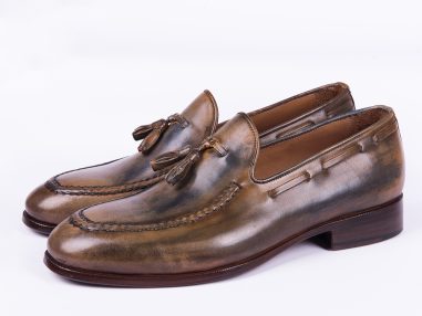 Hakiki Deri Yeşil & Bej El Boyaması Loafer Ayakkabı