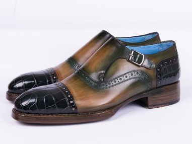 Hakiki Timsah & Dana Derisi Yeşil & Bej Tek Tokalı Ayakkabı