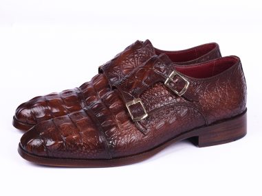 Timsah Baskılı Kahverengi Çift Tokalı Dana Derisi Ayakkabı