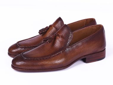 Brown Perforated Leather Tassel Loafers