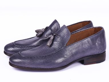 Lacivert Delikli Deri Püsküllü Loafer Ayakkabı