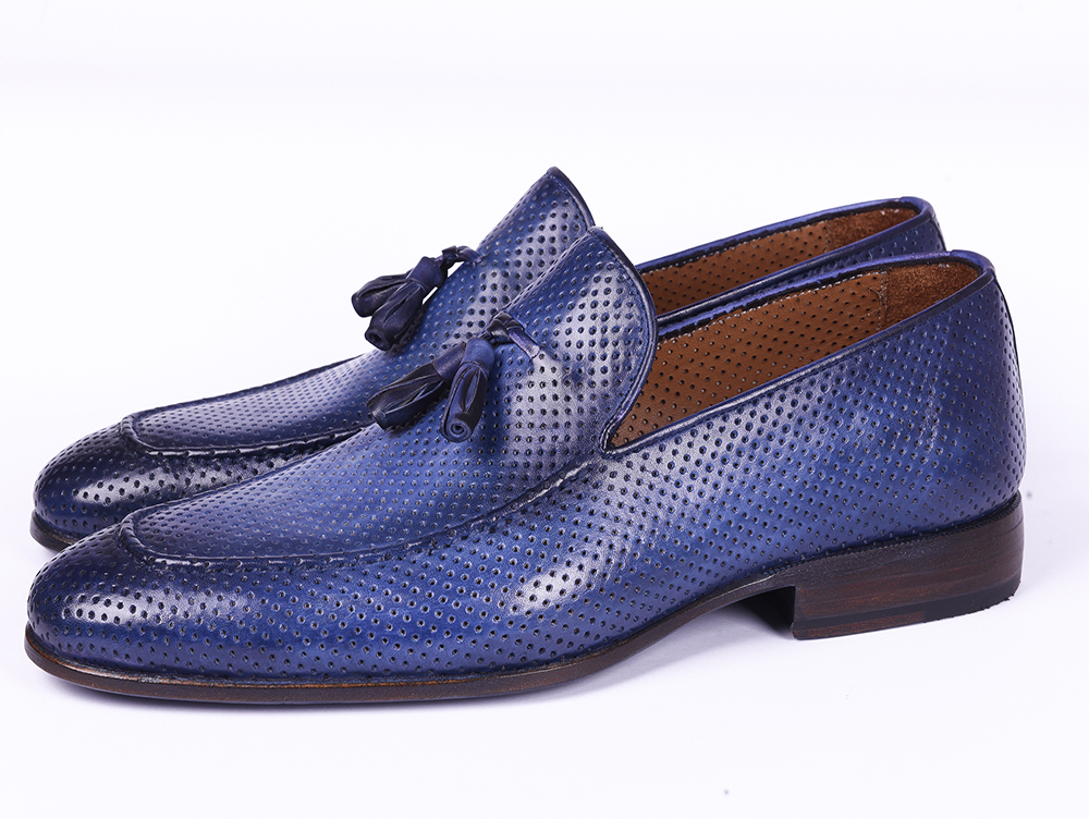 Blue Perforated Leather Tassel Loafers