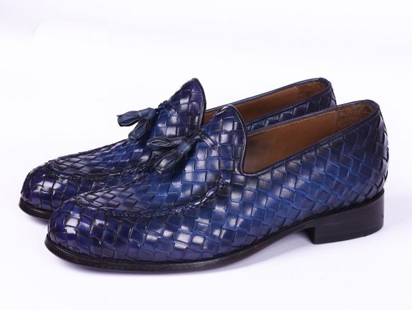 Woven Leather Handpainted Navy Tassel Loafers