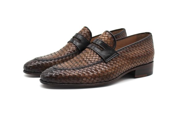 Hakiki Örme Deri El Boyaması Camel & Kahve Loafer Ayakkabı
