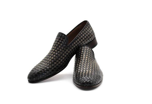 Hakiki Örme Deri El Boyaması Siyah & Açık Gri Loafer Ayakkabı